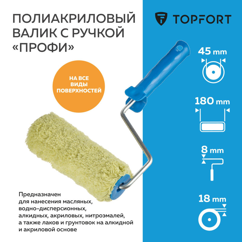 Валик с ручкой полиакриловый Профи TOPFORT 180 мм бюгель 8