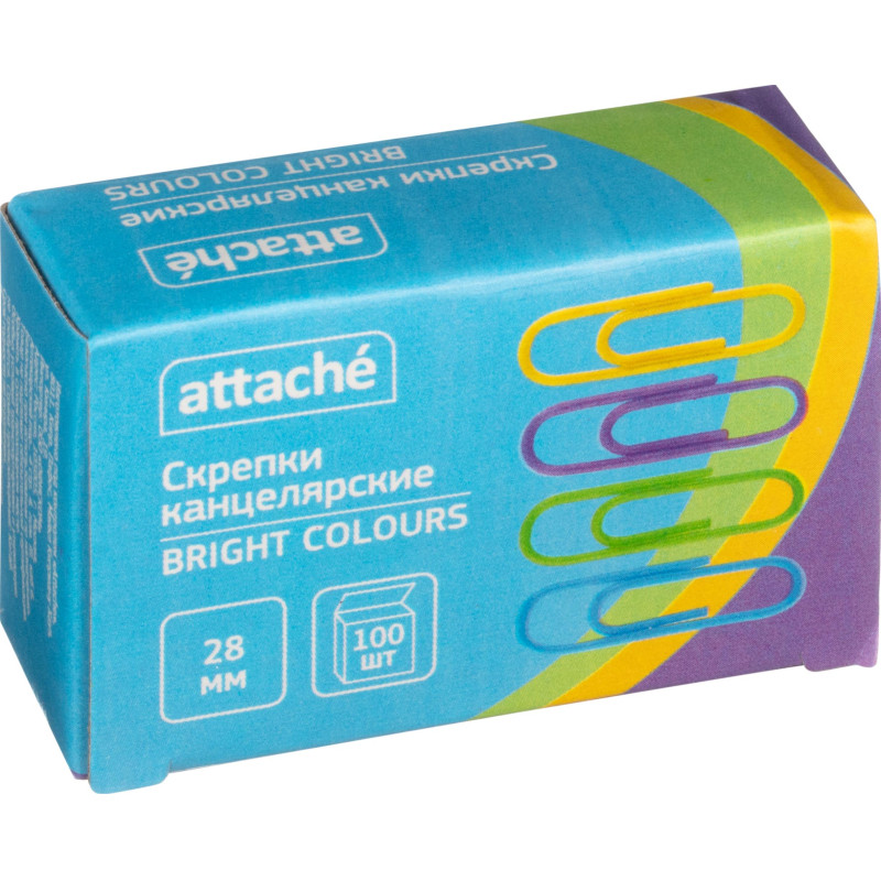 Скрепки Attache Bright Colours с полимерн.покрыт,28мм,разноцветн,100 шт/уп