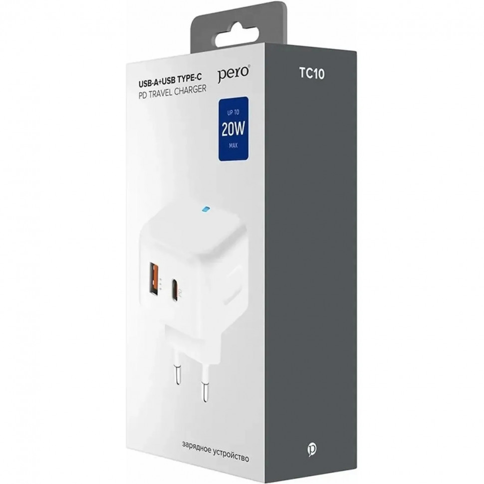 Зарядное устройство сет. PERO TC10 USB-C + USB-A c каб. C to C 20W, белый