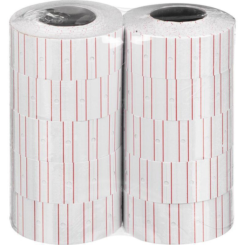 Этикет-лента 21,5х12 прямая белая с красной полосой, 1000шт/рул,10рул/уп