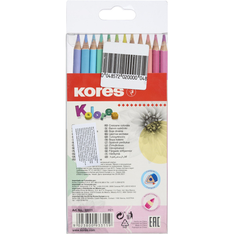 Карандаши цветные 12 цв. 3-гран, Kores Kolores Pastel, 93311