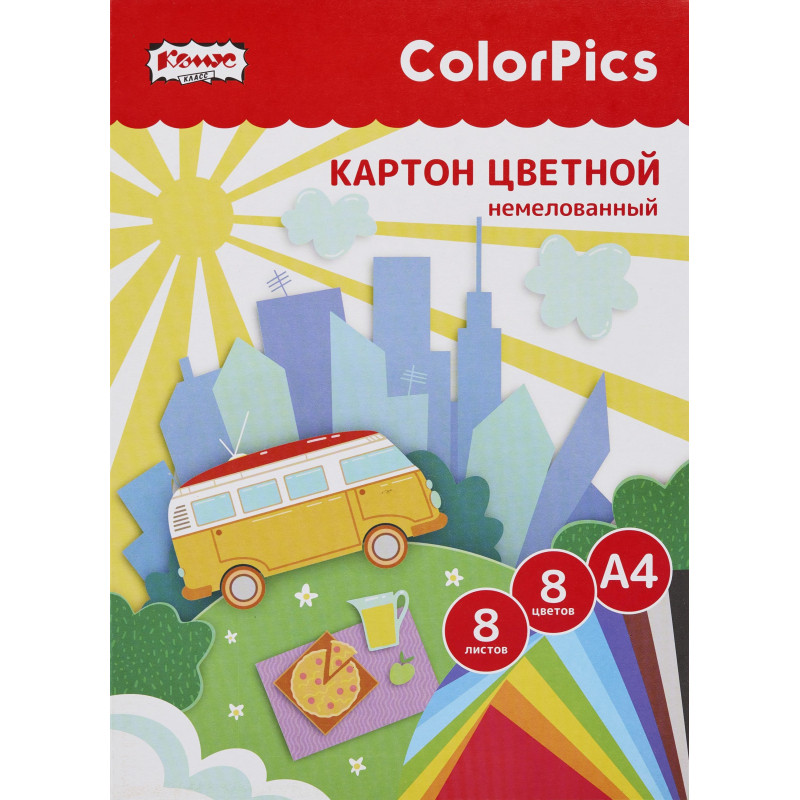 Картон цветной 8л.8цв.А4 немелованный ColorPics в папке
