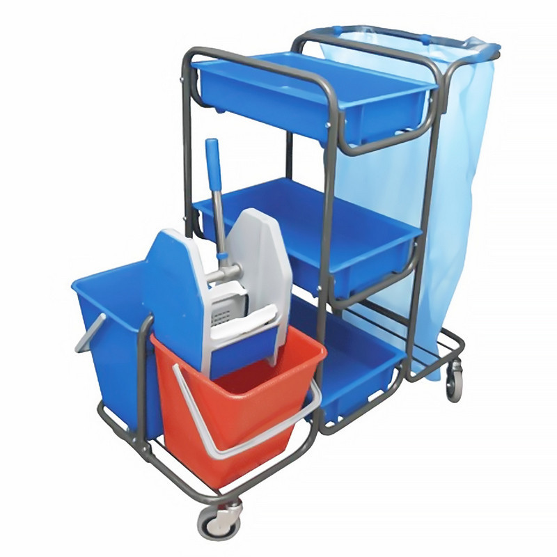 Тележка унив. 95.161 94х57 см 2 ведра 18л, мех.отж, 3 лотка, держ для швабр