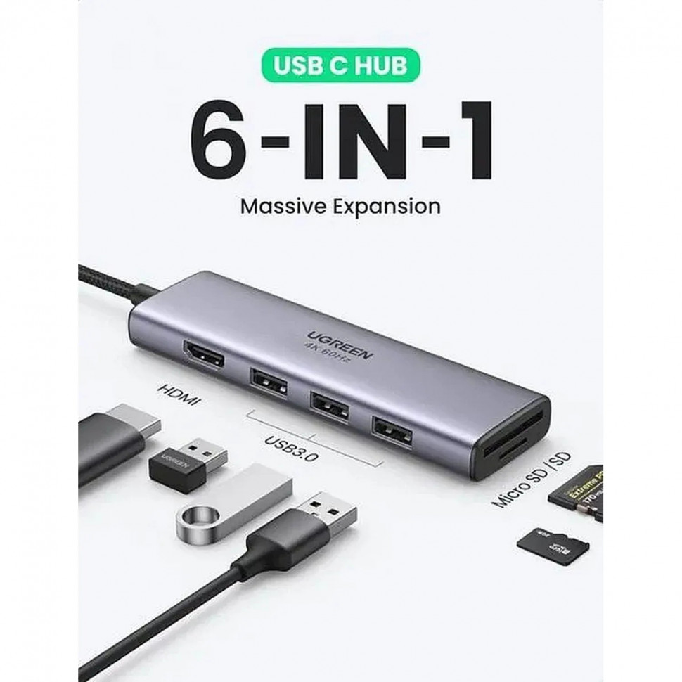Разветвитель USB Ugreen CM511 (60383) USB-C. серый космос