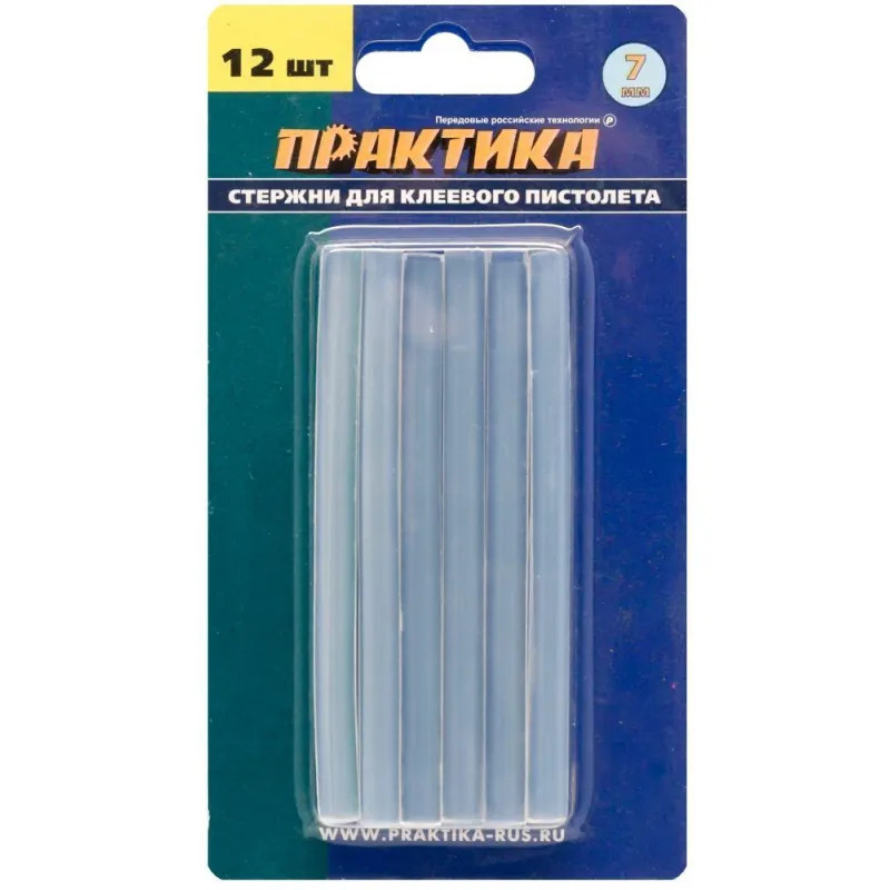Стержень клеевой ПРАКТИКА d7х100мм белый/прозрачный, 12шт. (641-572)