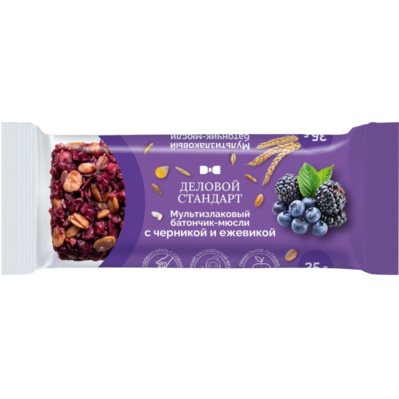 Батончик мюсли мультизлаковый Деловой Стандарт с черник и ежев 35г 24шт/уп