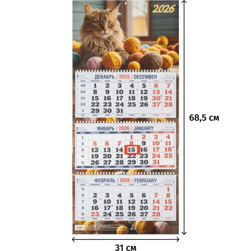 Календарь настенный 3-х блочный 2026,Пушистый кот,офс,310х680,КБ14‐26