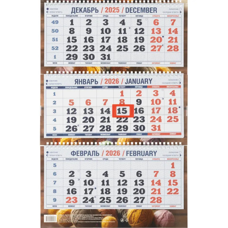 Календарь настенный 3-х блочный 2026,Пушистый кот,офс,310х680,КБ14‐26
