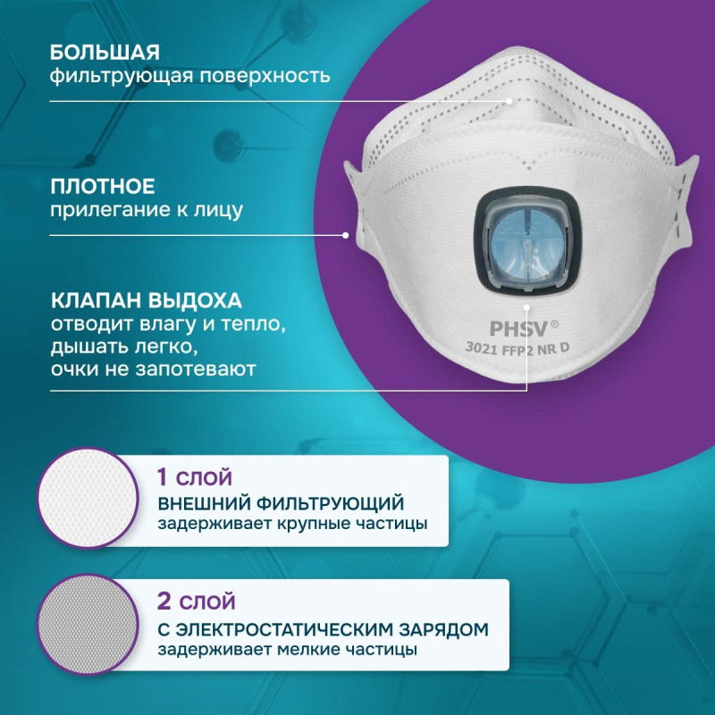 Полумаска фильтрующая PHSV 3031 с кл FFP3 до 50ПДК 5шт/уп