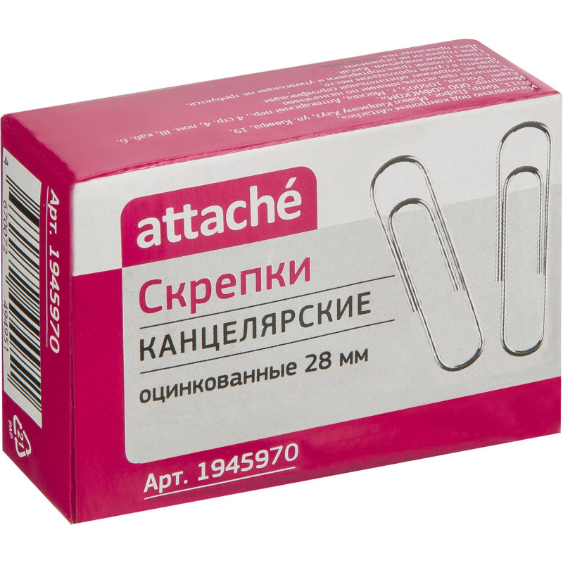 Скрепки Attache оцинкованные 28 мм, негофрированные, 100шт/уп
