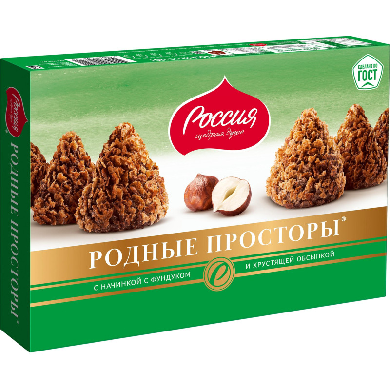 Конфеты Родные Просторы шоколадные фундук и вафельная крошка с какао, 180г