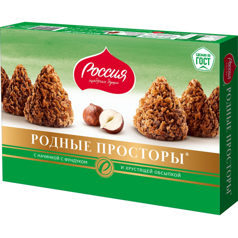 Конфеты Родные Просторы шоколадные фундук и вафельная крошка с какао, 180г