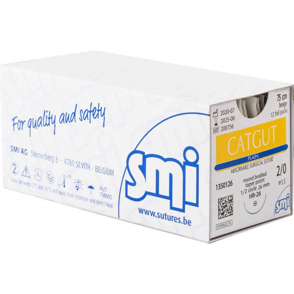 Шовный материал КЕТГУТ простой 2/0, 75см Кол 26мм, 1/2 1350126 12шт/уп SMI Шовный материал КЕТГУТ простой 2/0, 75см Кол 26мм, 1/2 1350126 12шт/уп SMI