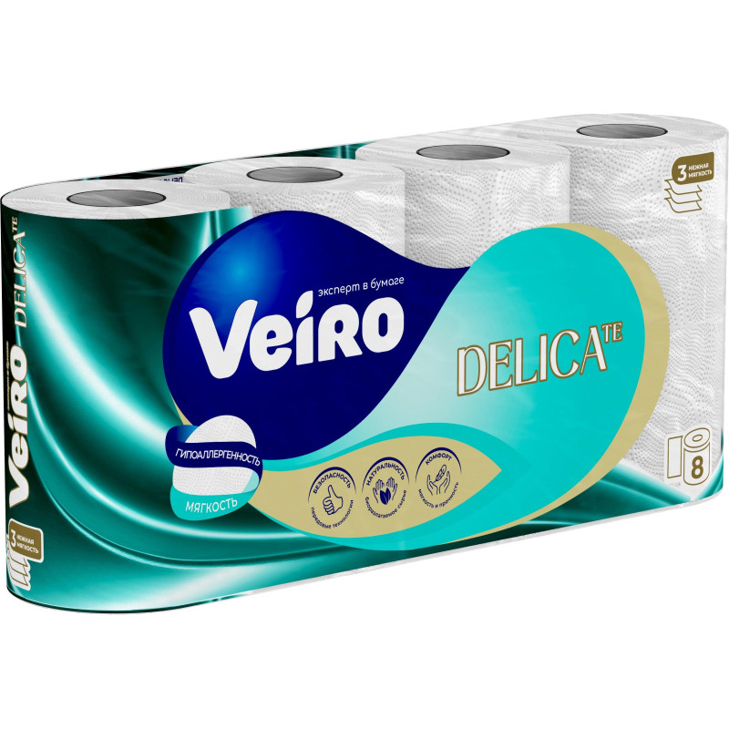 Бумага туалетная Veiro Delicate Ц 3сл 120л 15м 8рул/уп СПБ