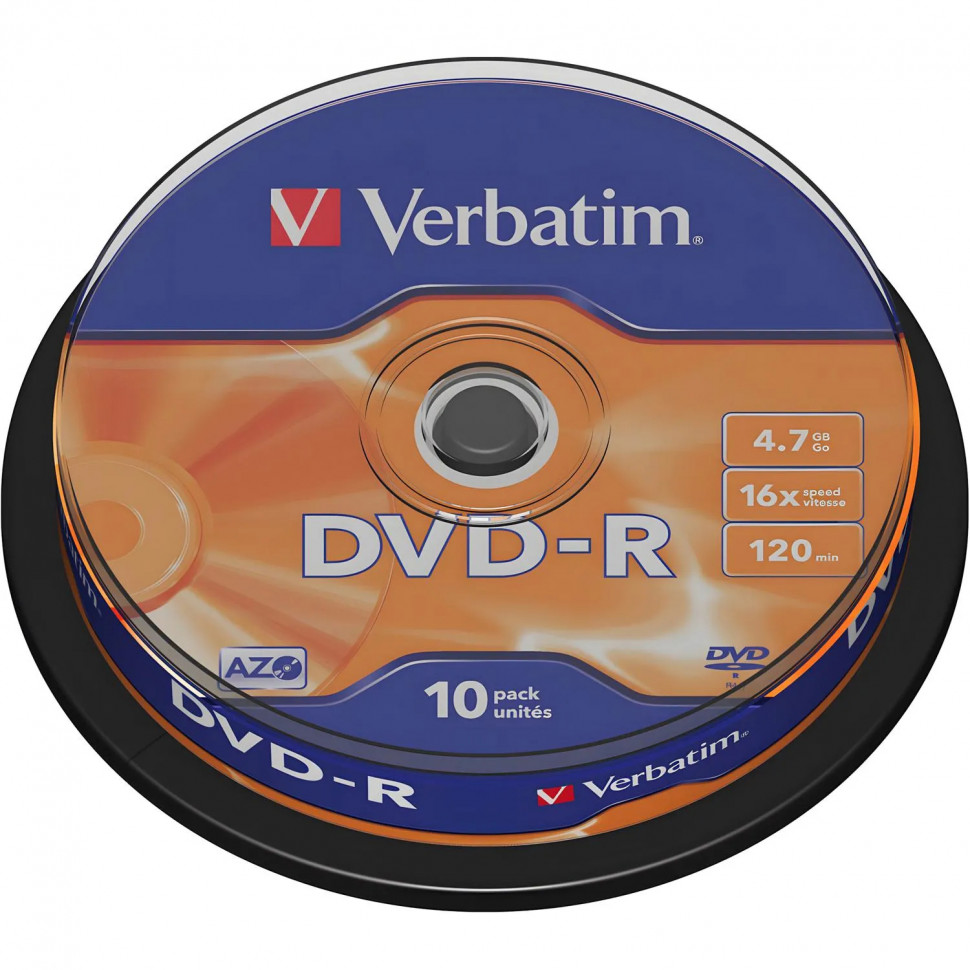 Носители информации DVD-R, 16x, Verbatim Azo Matt Silver, Cake/10, 43523