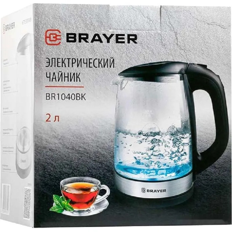 Чайник электрический BRAYER BR1040BK, 2220Вт,  2 л, стекл., черный