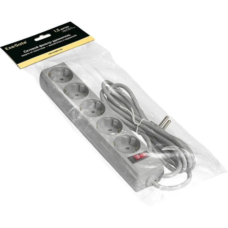 Сетевой фильтр ExeGate SP-5-1.5G 5р/1.5м, 10А/2,2кВт, серый(EX266862RUS)