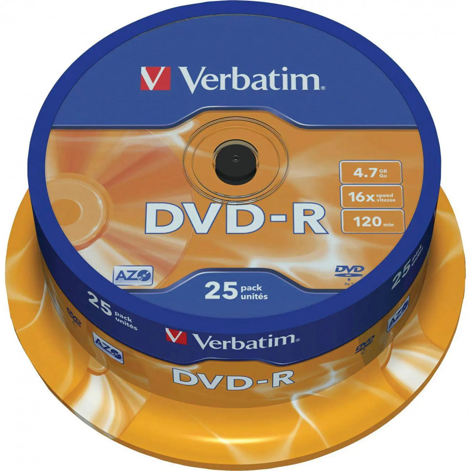 Носители информации DVD-R, 16x, Verbatim Azo Matt Silver, Cake/25, 43522