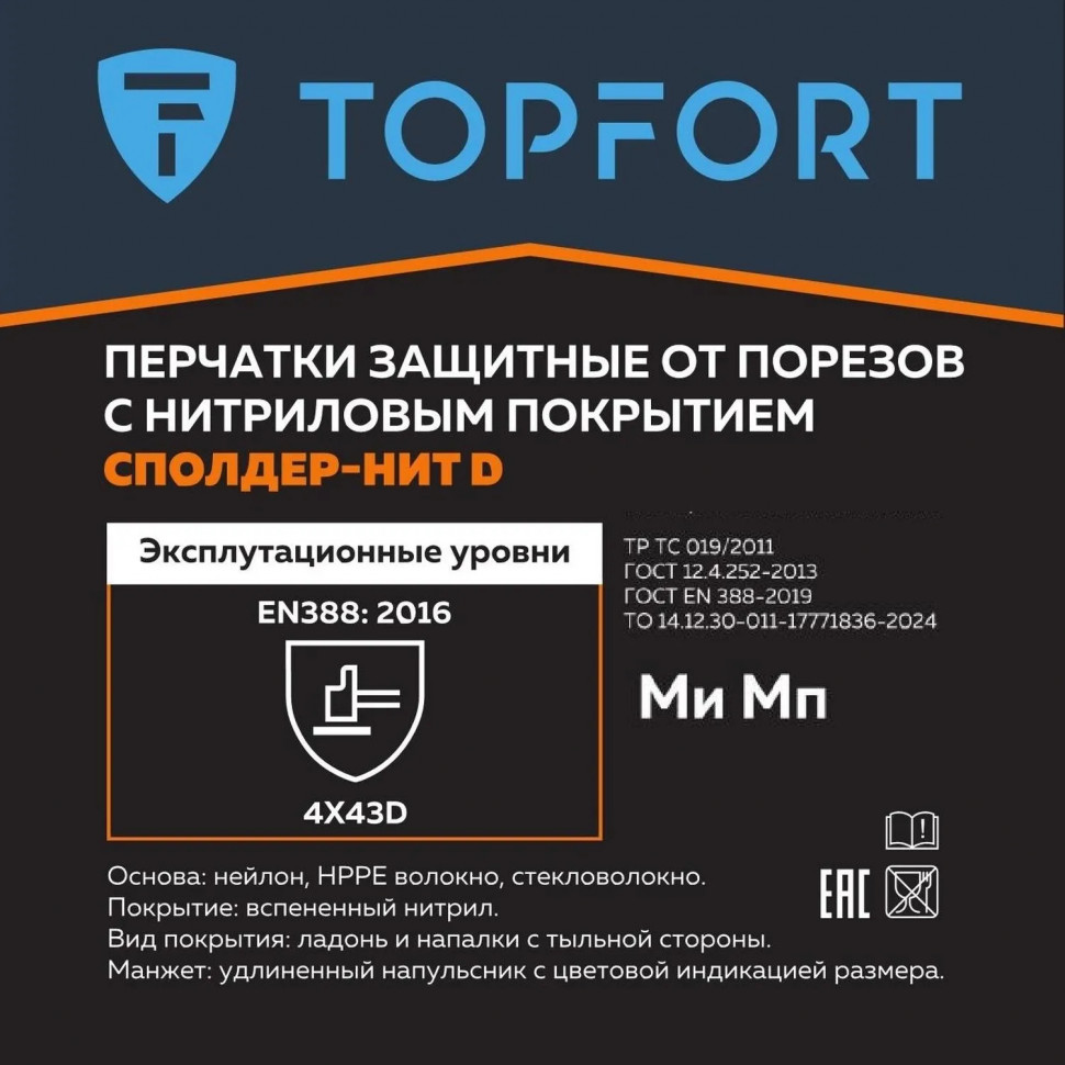 Перчатки защитные от порезов TOPFORT Сполдер Нит D с нитр.покр. р.11