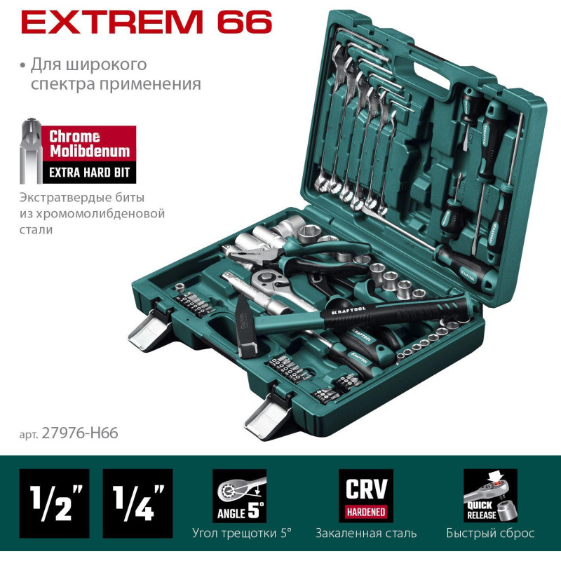 Набор инструмента универс.KRAFTOOL EXTREM-66 66 предм. 1/2+1/4 27976-H66