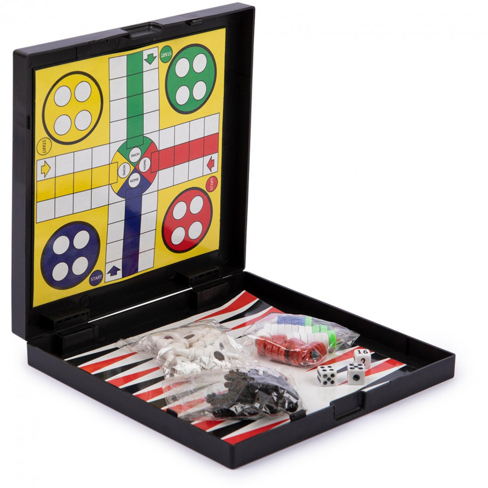 Игра настольная (магн.) 5в1 Шашки, шахматы, лудо, змеи и лестницы, нарды