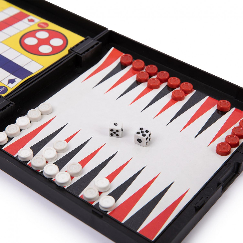 Игра настольная (магн.) 5в1 Шашки, шахматы, лудо, змеи и лестницы, нарды