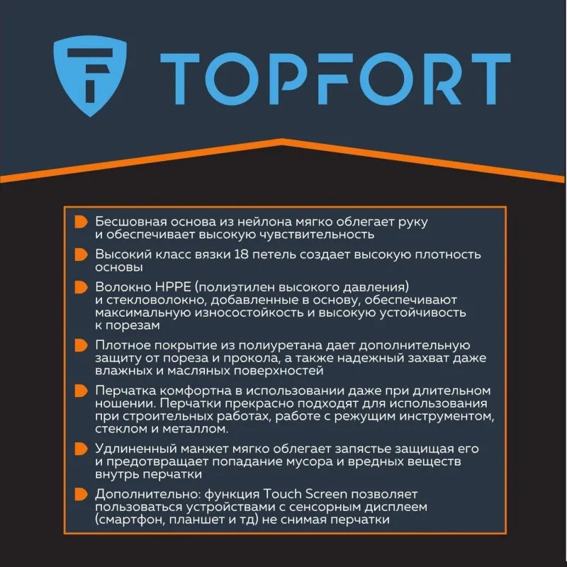Перчатки защитные от порезов TOPFORT Сполдер ПУ Тач B с ПУ покрытием р.11