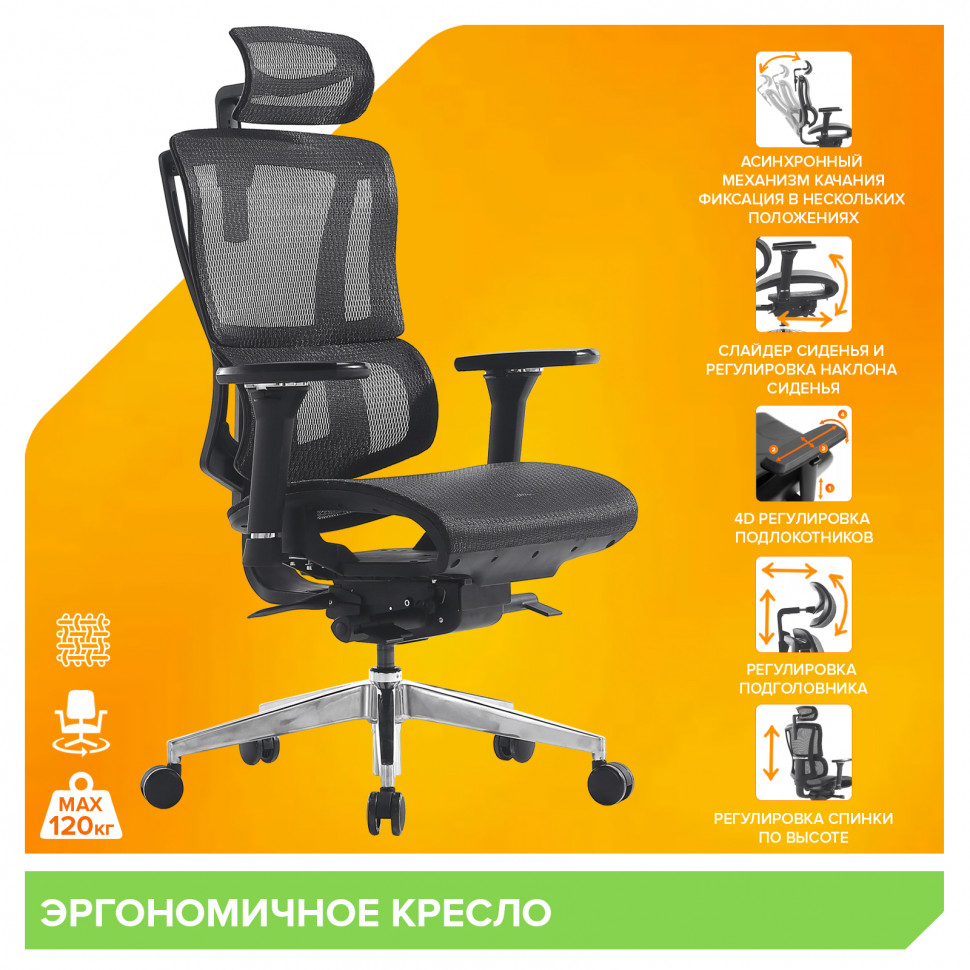 Эргономичное кресло Everprof Mega (Мега) Сетка Черный