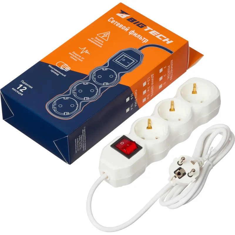 Сетевой фильтр BigTech ST310-1,5-W(3р/1,5м/10А/2,2кВт/3х0,75 мм2/белый)