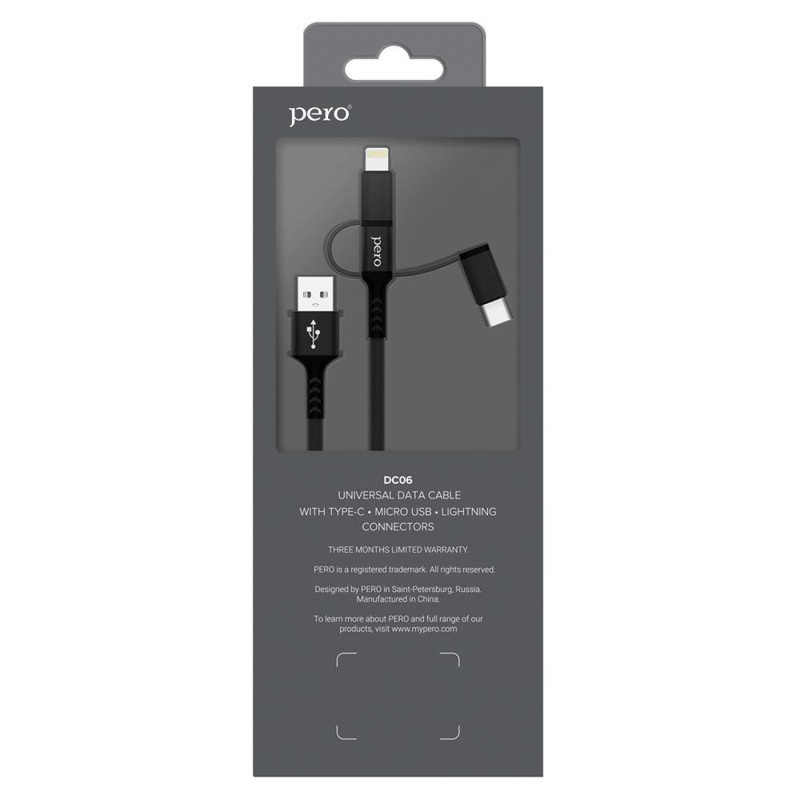 Кабель PERO, DC-06, 2.4А, 2м, Lightning/micro USB/Type-C, черный