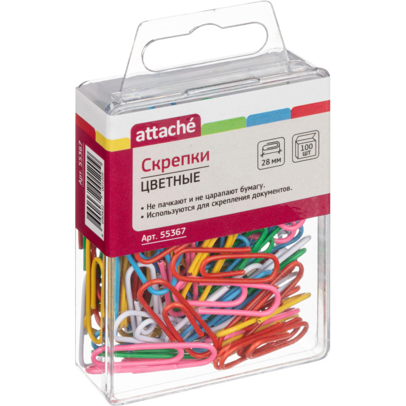 Скрепки Attache с полимерным покрытием,28 мм,разноцветные,европод,100 шт/уп Скрепки Attache с полимерным покрытием,28 мм,разноцветные,европод,100 шт/уп